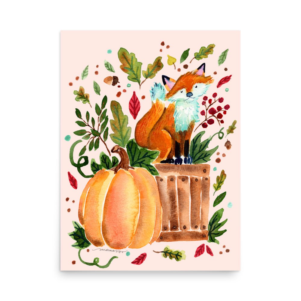 Cozy Autumn Fox Watercolor Poster • Pumpkin & Fall Leaves Wall Art • Woodland Animal Illustration Print - SANDRAAS