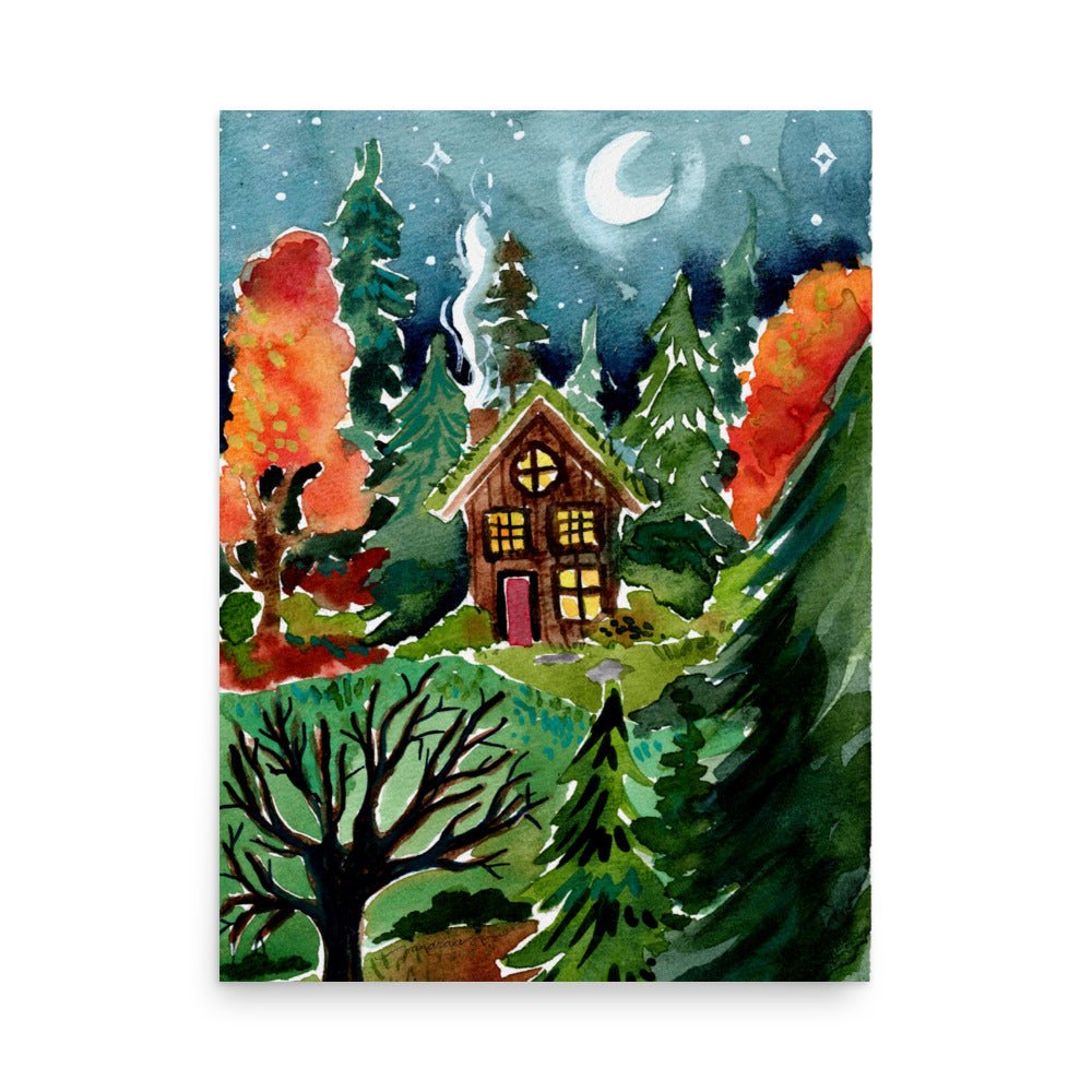 Cozy Autumn Night Forest Poster • Watercolor Cabin in the Woods Wall Art • Moonlit Nature Scene Illustration Print - SANDRAAS