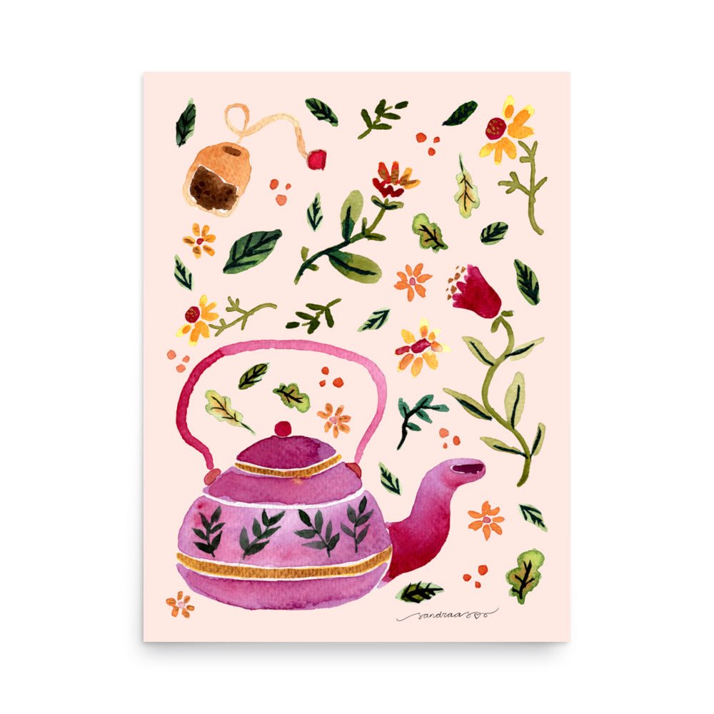 Watercolor Autumn Tea Time Poster • Cozy Teapot, Cups & Fall Leaves Wall Art • Rustic Seasonal Illustration Print - SANDRAAS