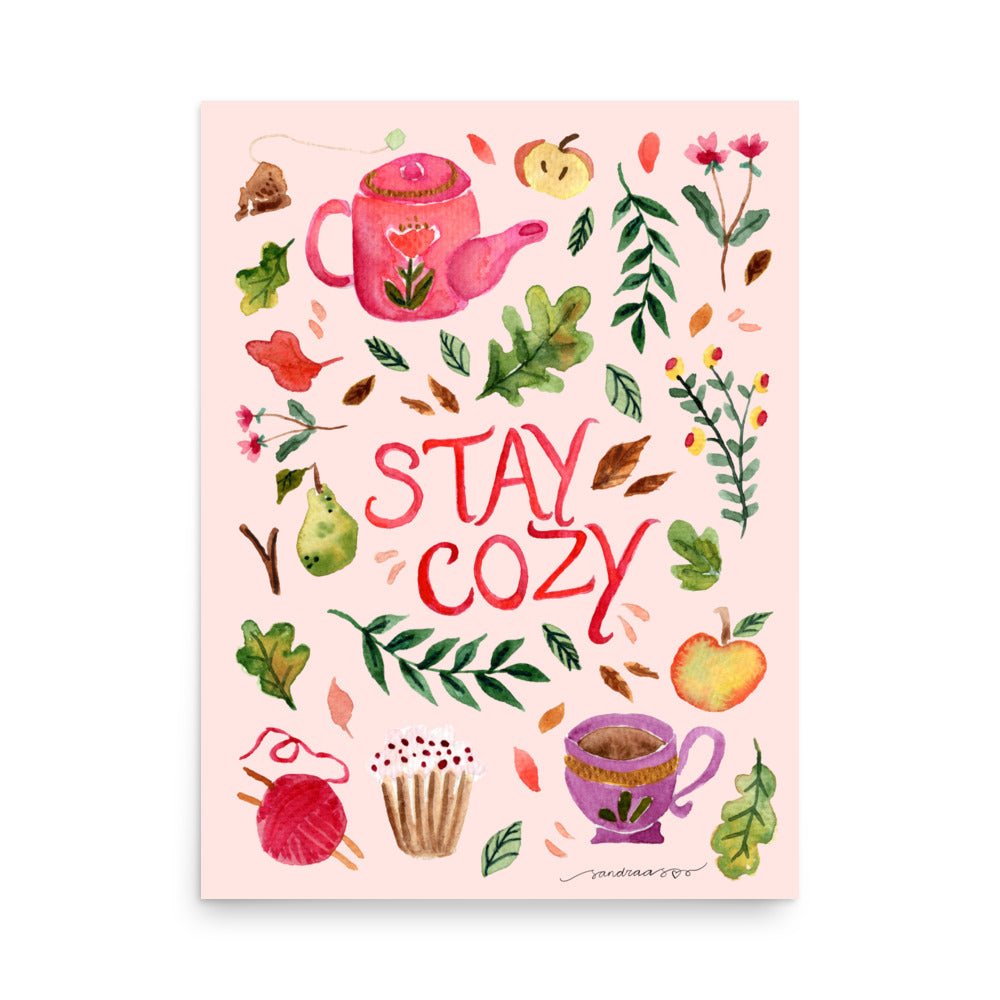Autumn Tea & Treats Poster • Watercolor Teapot, Cupcake, Fruits & Fall Leaves Wall Art • Cozy Seasonal Illustration Print - SANDRAAS