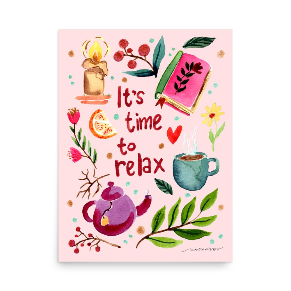 It’s Time to Relax Poster • Watercolor Autumn Books, Candle & Tea Wall Art • Cozy Fall Illustration on Pink Background - SANDRAAS