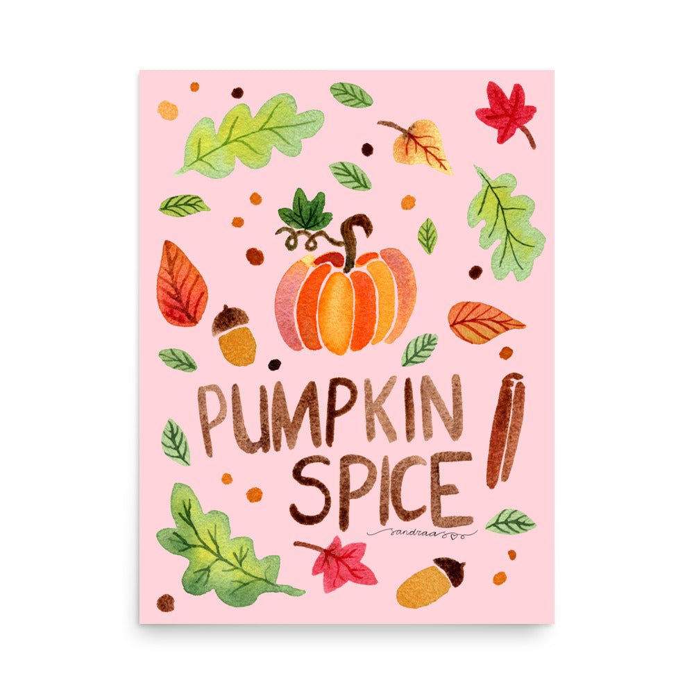 Pumpkin Spice Poster • Watercolor Pumpkin, Cinnamon & Autumn Leaves Wall Art • Cozy Fall Illustration on Pink Background - SANDRAAS