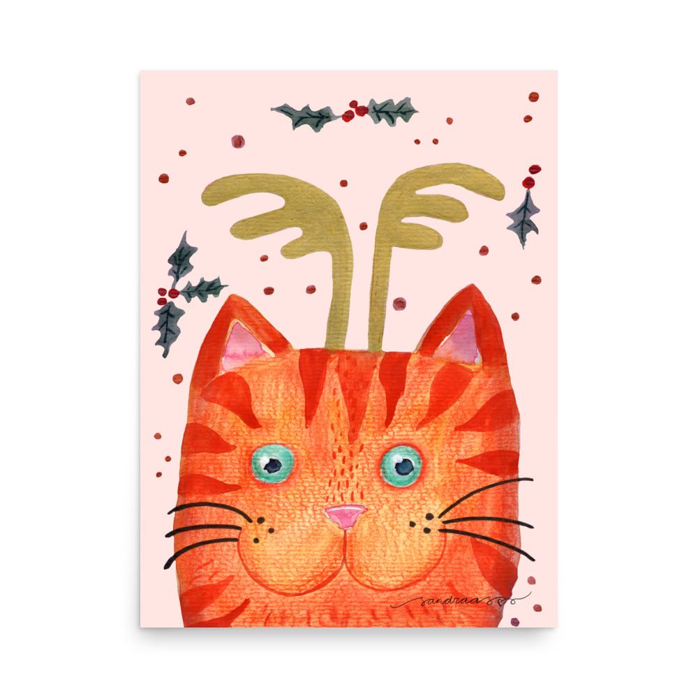 🎄 Orange Christmas Cat Poster – Whimsical Watercolor Cat with Antlers & Holly 😺✨ Light Pink Background | Museum - Quality Matte Print - SANDRAAS