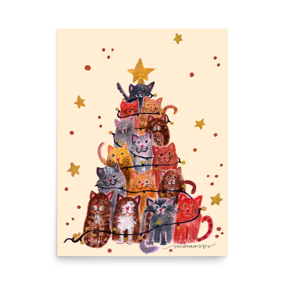 🎄 Whimsical Cat Christmas Tree Poster – Watercolor Cats Stacked as a Tree with Festive Lights 😺✨ Cream Background | Museum - Quality Matte Print - SANDRAAS