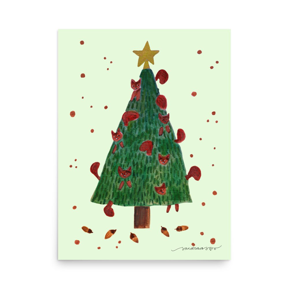 🎄 Whimsical Squirrel Christmas Tree Poster – Watercolor Squirrels in a Festive Tree 🐿️✨ Light Green Background | Museum - Quality Matte Print - SANDRAAS