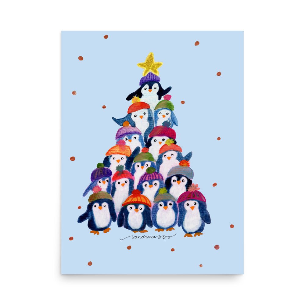 🎄 Penguin Christmas Tree Poster – Whimsical Watercolor Penguins in Hats & Scarves 🐧✨ Light Blue Background | Museum - Quality Matte Print - SANDRAAS