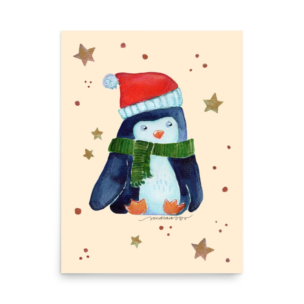 🎄 Whimsical Christmas Penguin Poster – Watercolor Penguin in Green Scarf & Santa Hat 🐧✨ Cream Background | Museum - Quality Matte Print - SANDRAAS