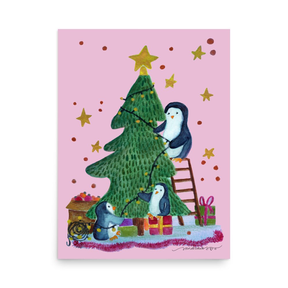 🎄 Whimsical Penguin Christmas Tree Poster – Watercolor Penguins Decorating a Tree 🐧🎄✨ Pink–Purple Background | Museum - Quality Matte Print - SANDRAAS