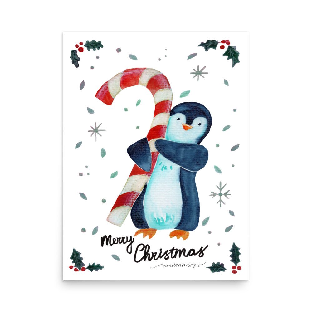 🎄 Candy Cane Penguin Poster – Whimsical Watercolor Penguin Holding a Candy Cane 🐧🍬✨ White Background | Museum - Quality Matte Print - SANDRAAS