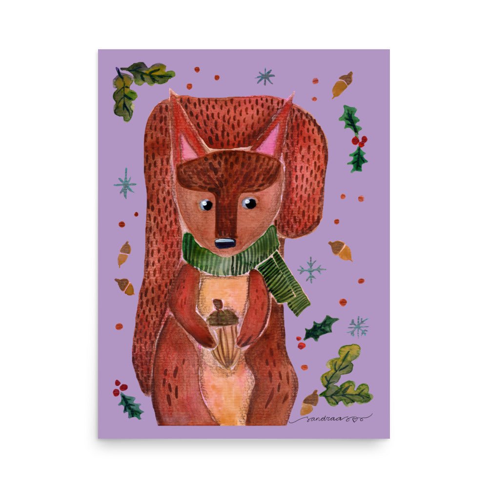 💜 Whimsical Squirrel Poster – Watercolor Squirrel in Green Scarf 🐿️🧣✨ Purple Background | Museum - Quality Matte Print - SANDRAAS
