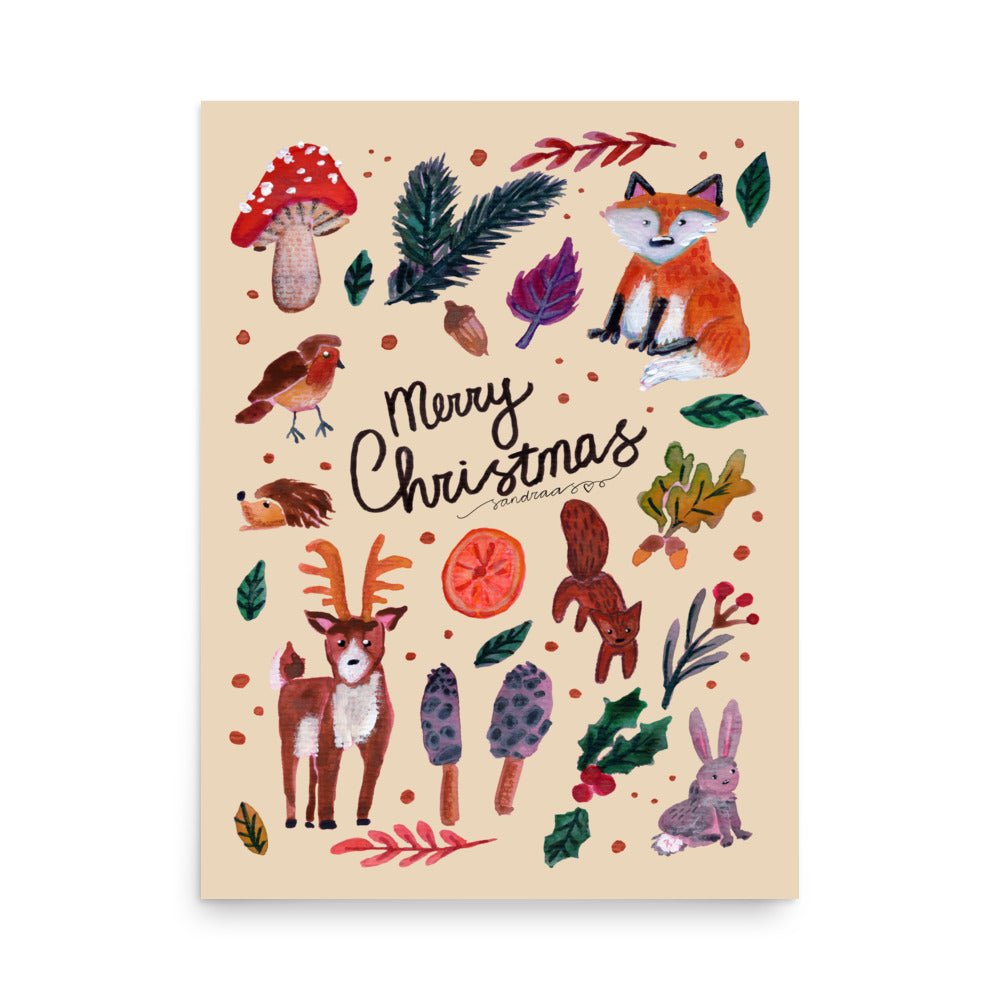 🌲 Whimsical Woodland Poster – Watercolor Forest Animals, Leaves & Mushrooms 🍄🦊✨ Cream Background | Museum - Quality Matte Print - SANDRAAS