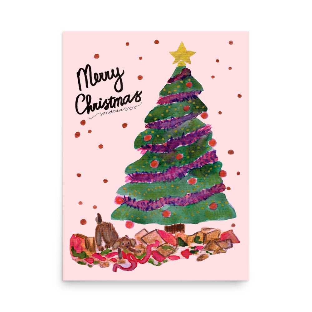 🎄 Naughty Christmas Dog Poster – Whimsical Watercolor Dog Wrecking Presents Under the Tree 🐶🎁💥✨ Pink Background | Museum - Quality Matte Print - SANDRAAS