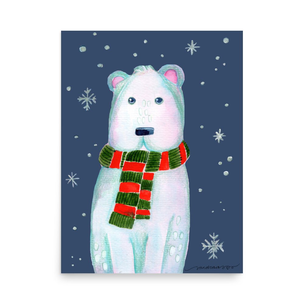 ❄️ Whimsical Polar Bear Poster – Watercolor Arctic Bear on Dark Blue Background 🐻‍❄️✨ Museum - Quality Matte Print - SANDRAAS