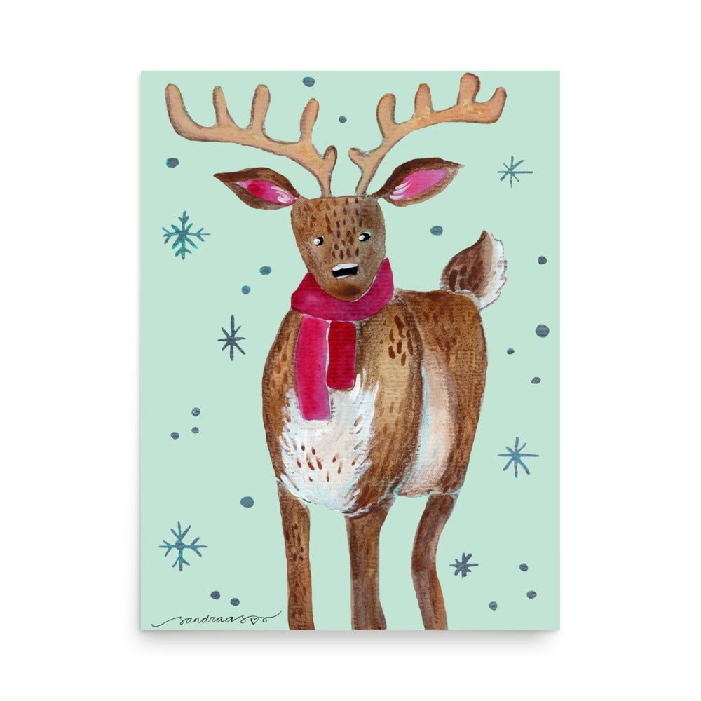 🦌 Whimsical Deer Poster – Watercolor Forest Deer on Turquoise Background 💙✨ Museum - Quality Matte Print - SANDRAAS