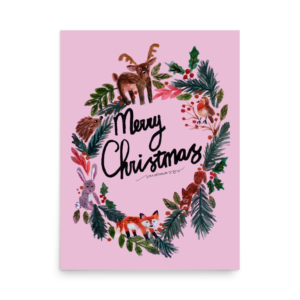 🎄 Woodland Christmas Wreath Poster – Whimsical Watercolor Animals in Festive Wreath 🦊🐿️✨ Pink Background | Museum - Quality Matte Print - SANDRAAS