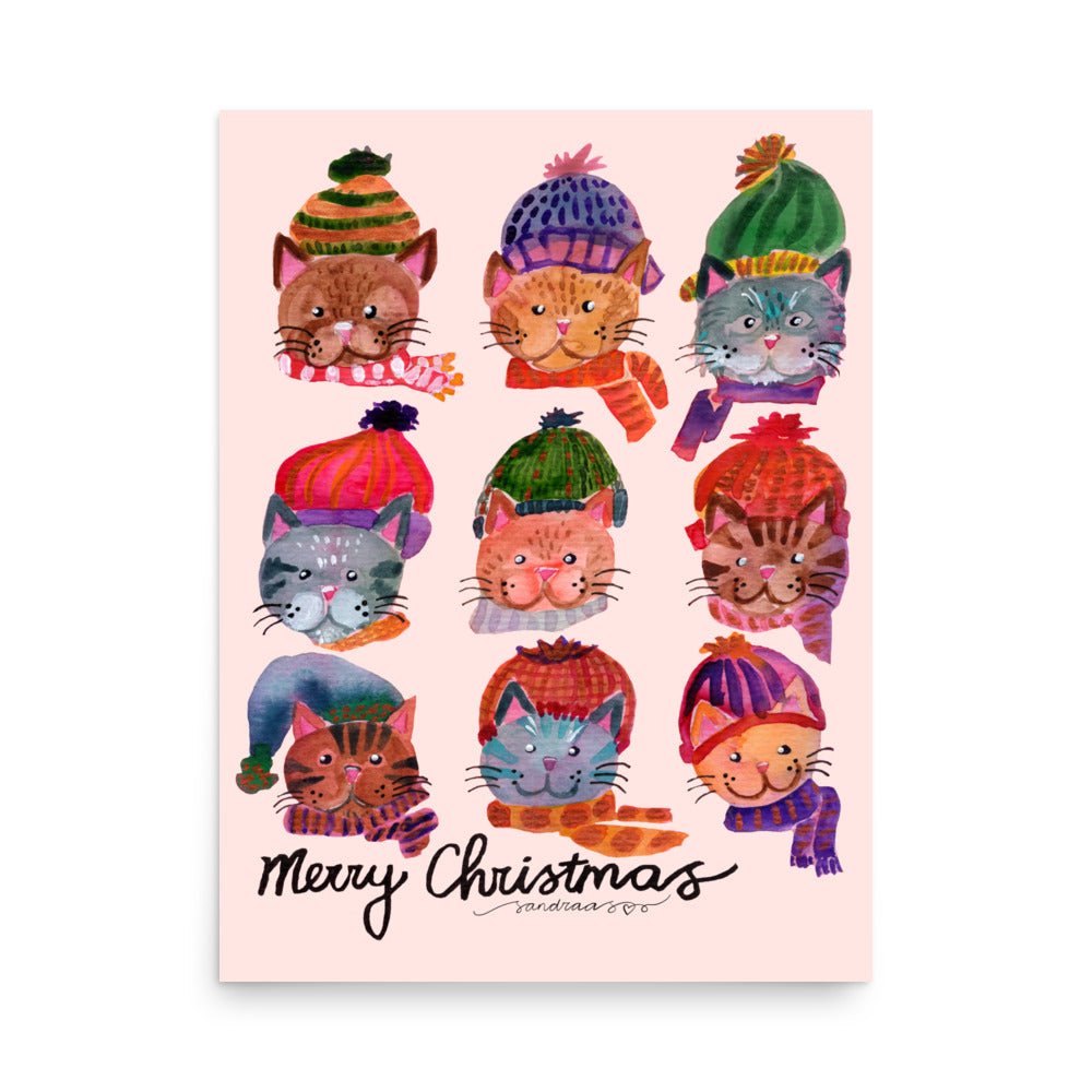 😺 Cozy Cat Heads Poster – Whimsical Watercolor Cats in Woolen Hats & Scarves 🧣✨ Light Pink Background | Museum - Quality Matte Print - SANDRAAS