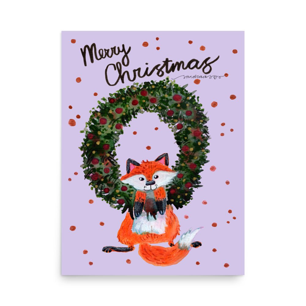 🎄 Whimsical Fox Christmas Wreath Poster – Watercolor Fox Hanging in Festive Wreath 🦊✨ Purple Background | Museum - Quality Matte Print - SANDRAAS