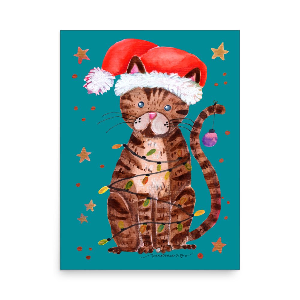 🎄 Christmas Cat Lights Poster – Whimsical Watercolor Cat in Santa Hat Wrapped in Christmas Lights 😺💡✨ Turquoise Background | Museum - Quality Matte Print - SANDRAAS