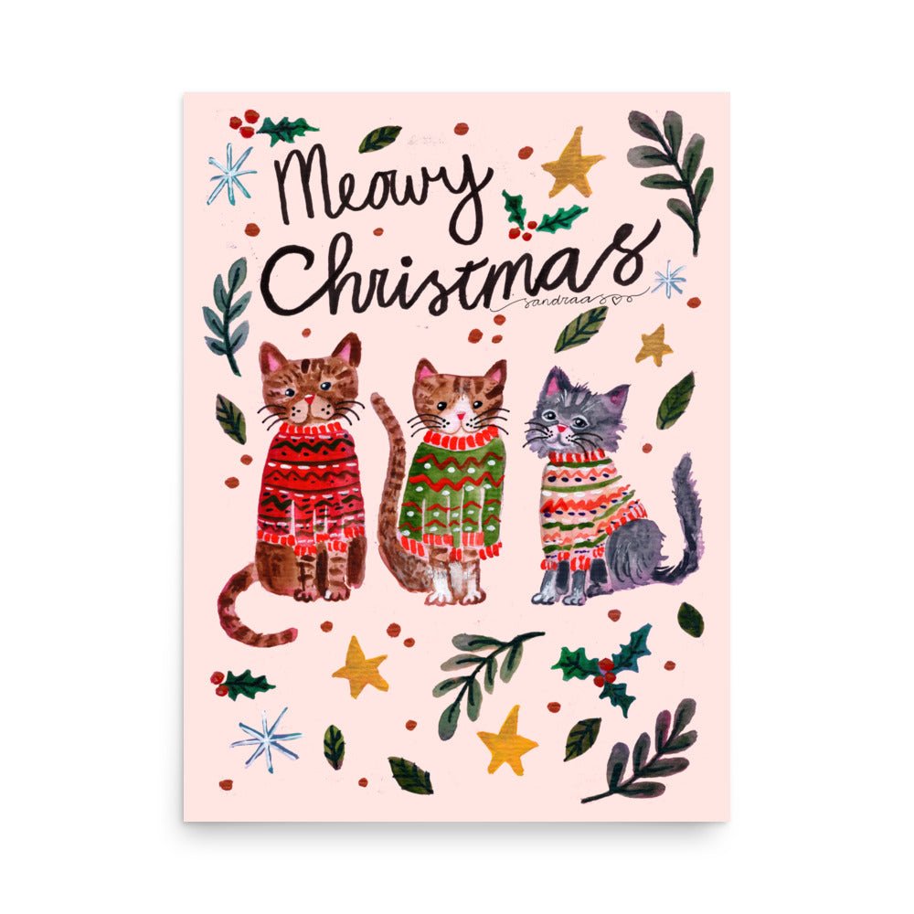 🎄 Cozy Christmas Cats Poster – Three Whimsical Cats in Knitted Holiday Sweaters 😺🧶✨ Light Pink Background | Museum - Quality Matte Print - SANDRAAS