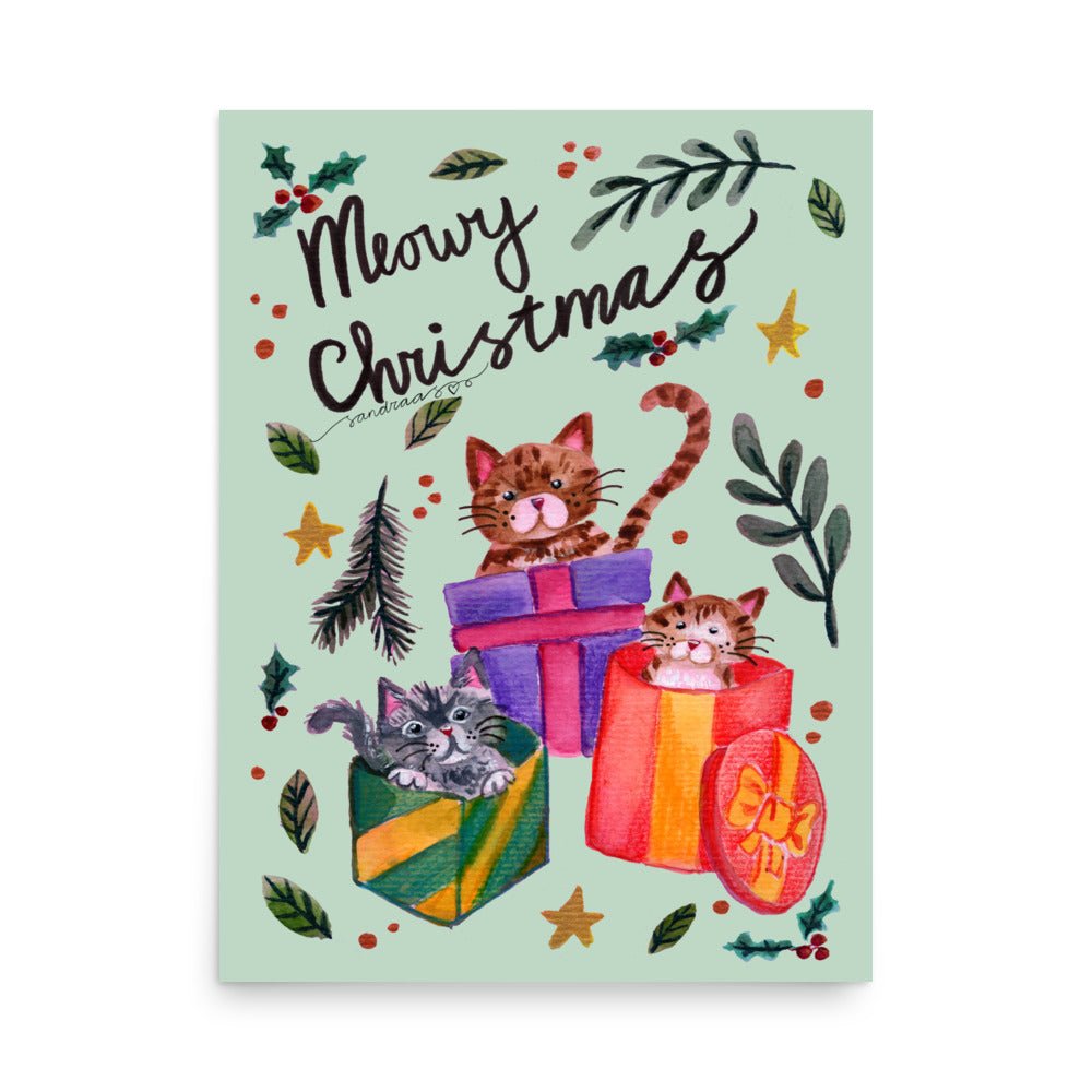 🎄 Christmas Gift Box Cats Poster – Three Whimsical Watercolor Cats Sitting in Festive Presents 😺🎁✨ Light Green Background | Museum - Quality Matte Print - SANDRAAS