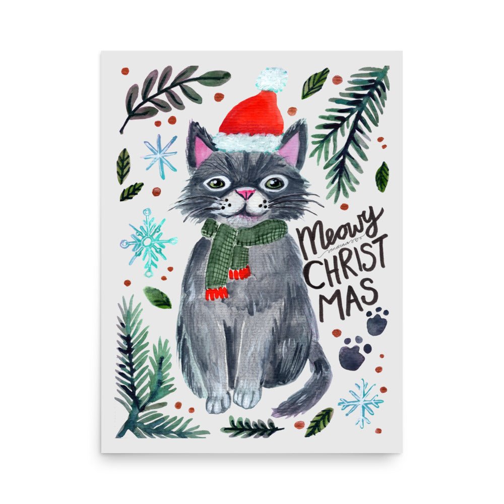 🎄 Meowy Christmas Cat Poster – Whimsical Grey Cat in Santa Hat & Green Scarf 😺🧣✨ Light Grey Background | Museum - Quality Matte Print - SANDRAAS