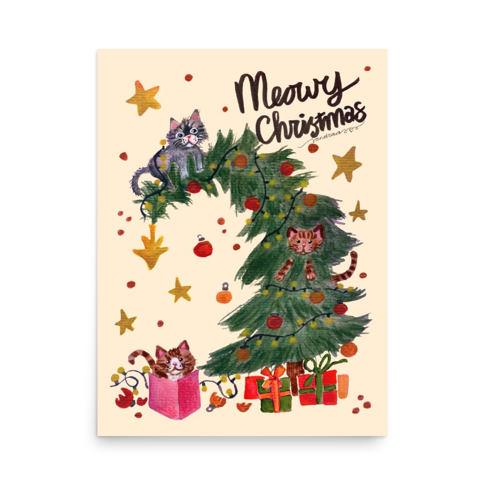 🎄 Meowy Christmas Tree Cats Poster – Whimsical Watercolor Cats Climbing a Christmas Tree 😺🌲✨ Light Yellow Background | Museum - Quality Matte Print - SANDRAAS