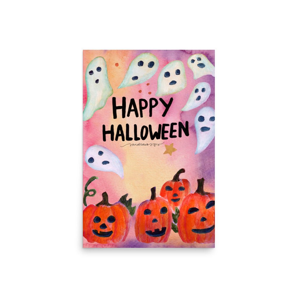"Happy Halloween Poster 🎃👻 | Watercolor Pumpkins & Ghosts Illustration – Spooky Cute Wall Art" - SANDRAAS