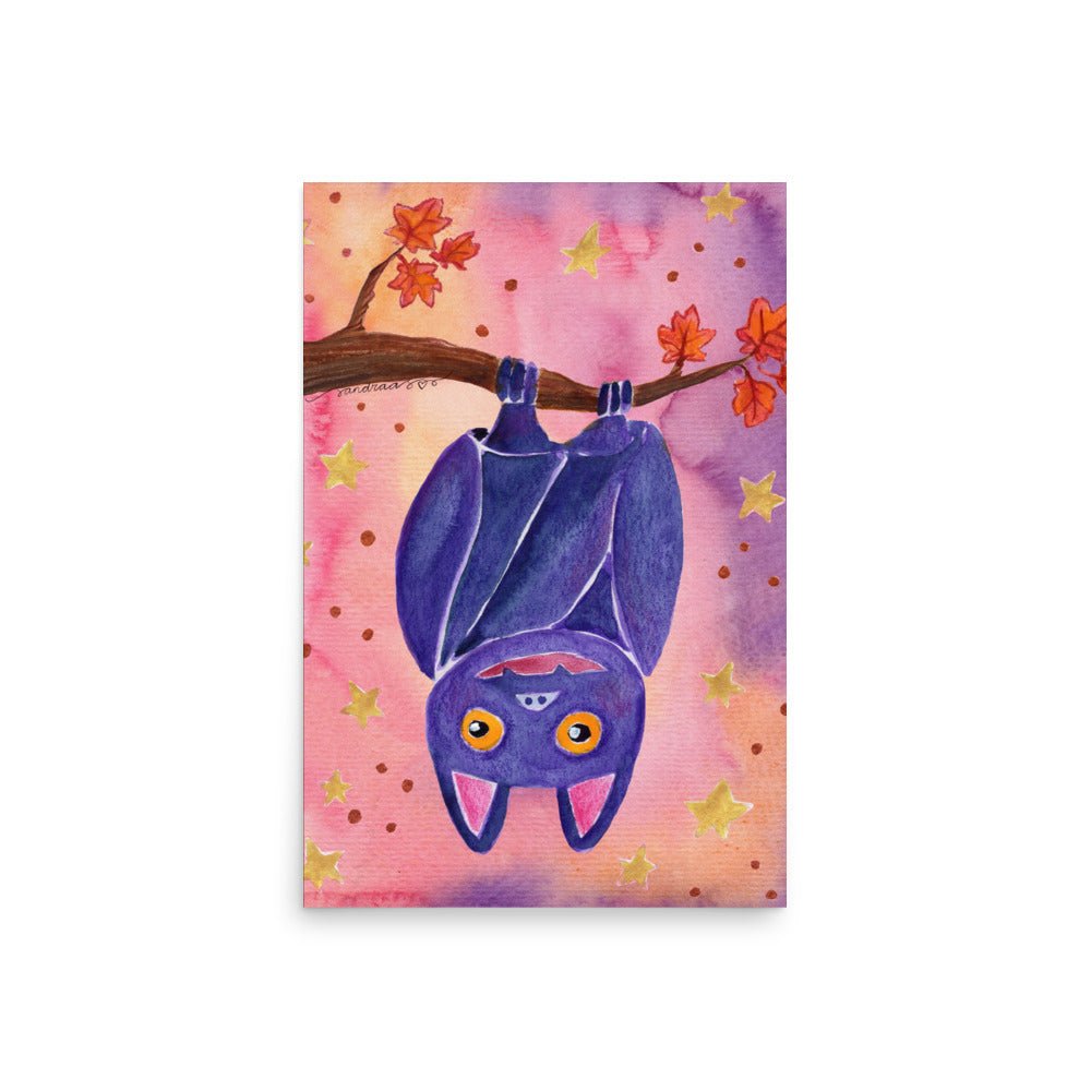 Whimsical Bat Poster 🦇🌙 | Cute Watercolor Illustration Hanging from Tree Branch – Spooky Cute Wall Art - SANDRAAS