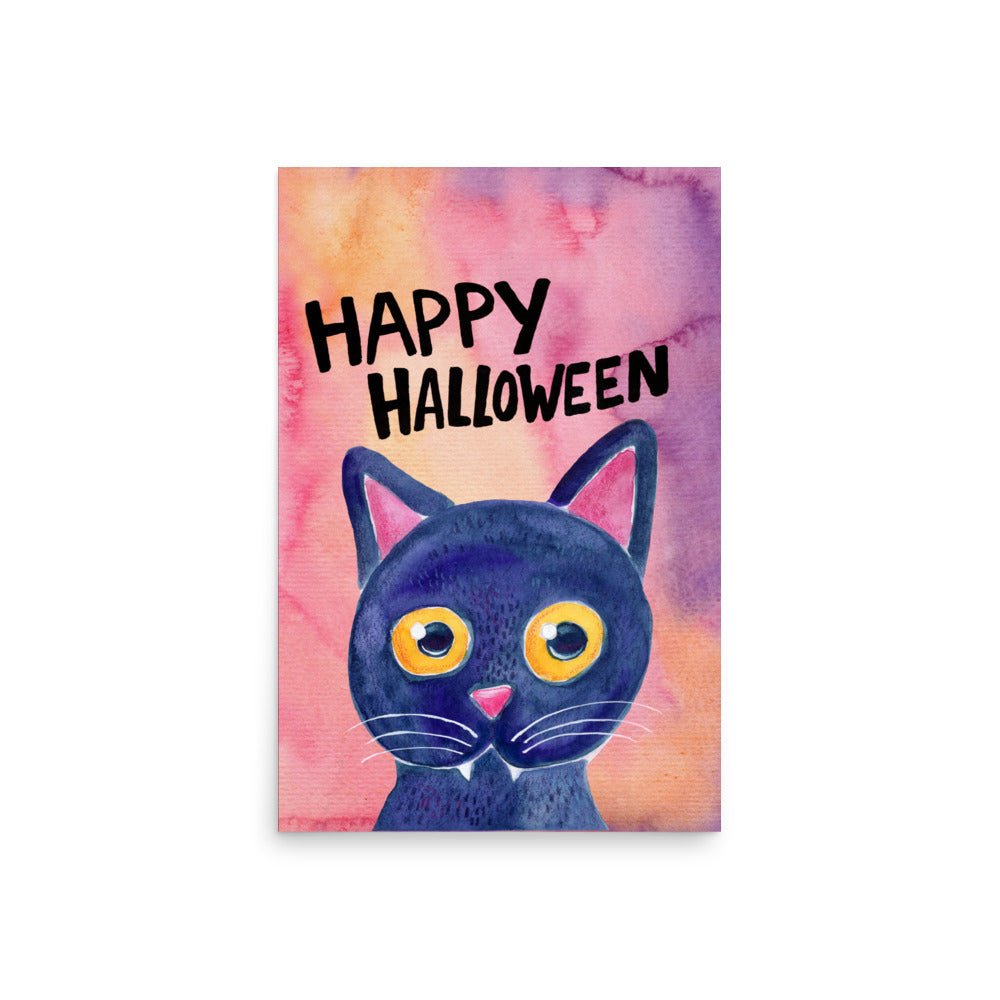 Whimsical Black Cat Poster 🐈‍⬛✨ | Cute Watercolor Illustration – Happy Halloween | Cozy Spooky Wall Art - SANDRAAS