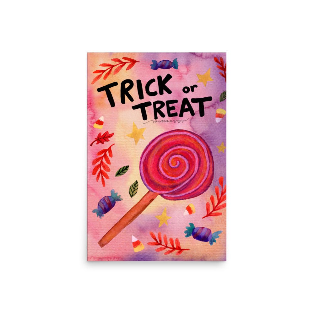 Trick or Treat Halloween Poster 🎃🍬👻 | Watercolor Illustration + Hand Lettered Text – Spooky Cute Wall Art - SANDRAAS
