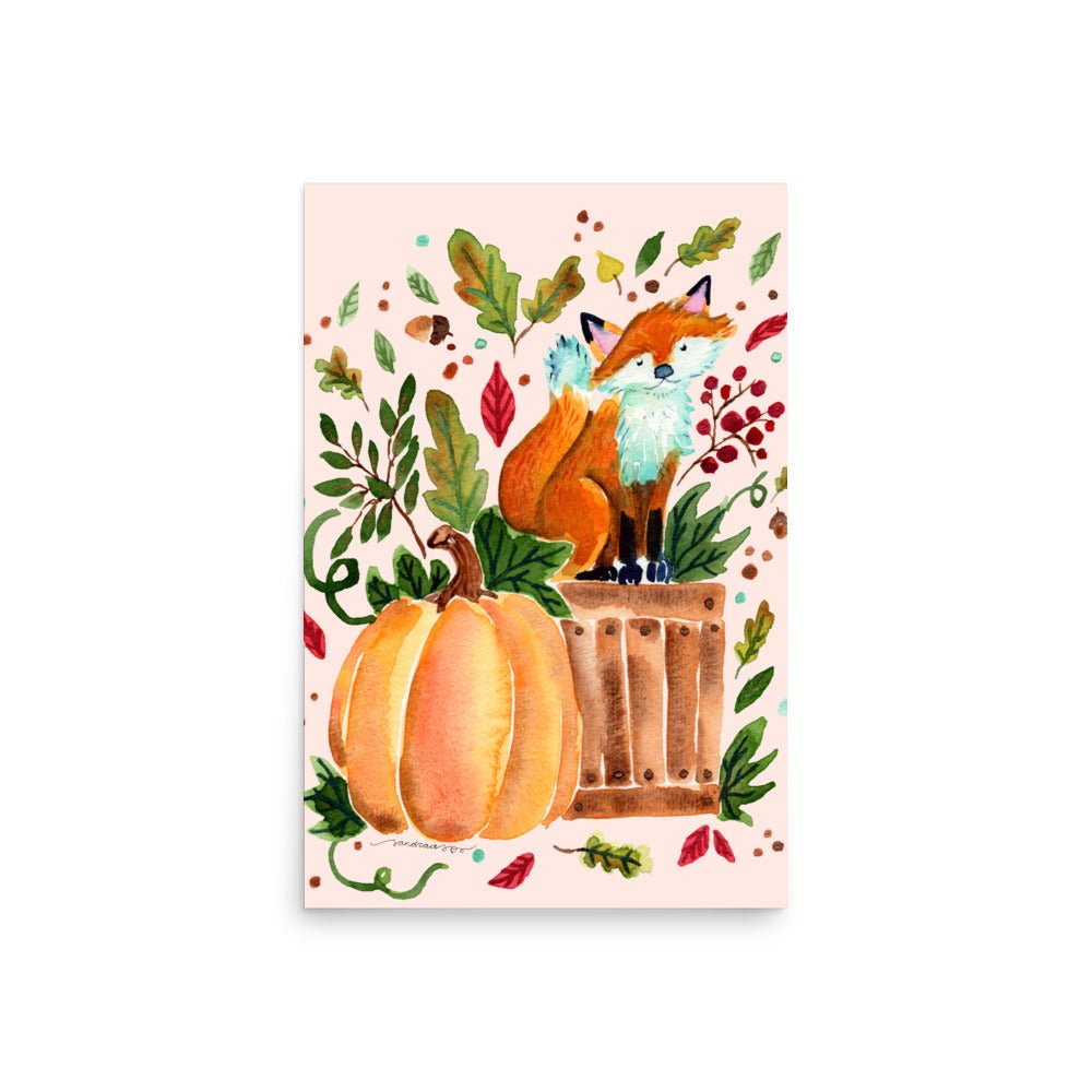 Cozy Autumn Fox Watercolor Poster • Pumpkin & Fall Leaves Wall Art • Woodland Animal Illustration Print - SANDRAAS