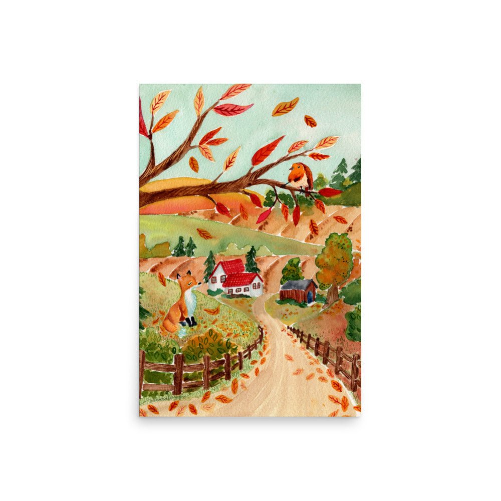 Cozy Autumn Landscape Watercolor Poster • Fox, Barn & Falling Leaves Fall Wall Art • Rustic Countryside Illustration Print - SANDRAAS