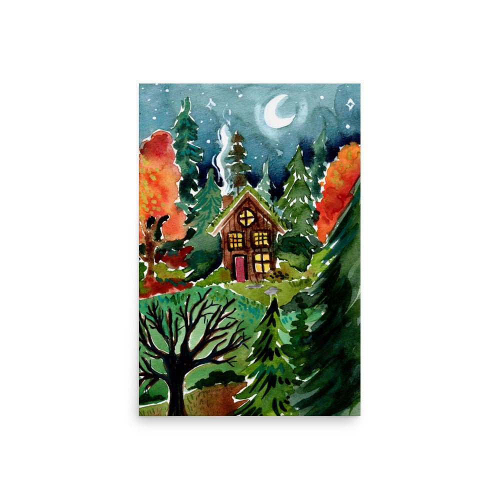 Cozy Autumn Night Forest Poster • Watercolor Cabin in the Woods Wall Art • Moonlit Nature Scene Illustration Print - SANDRAAS