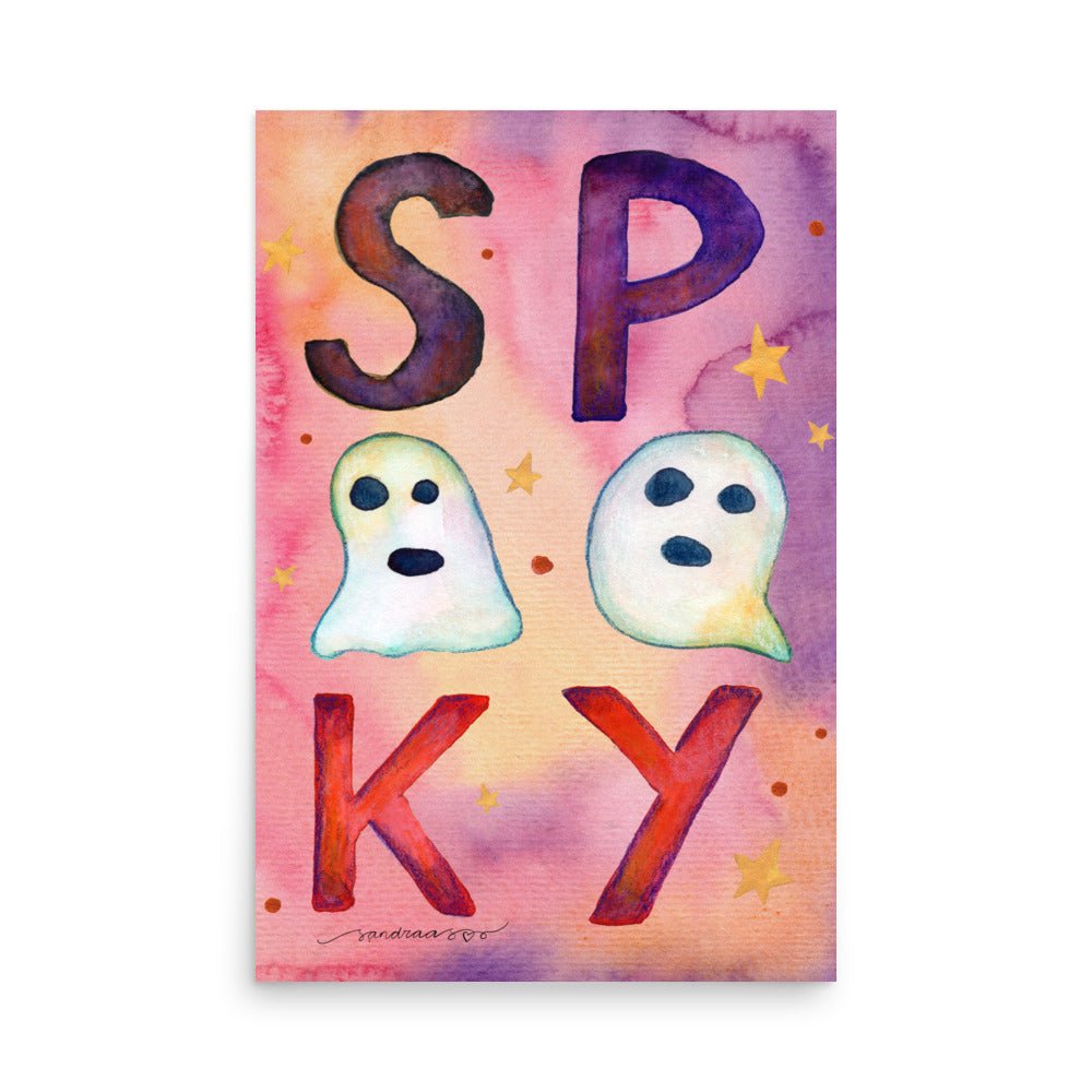 Spooky Ghosts Halloween Poster 👻🎃 | Watercolor Illustration with ‘Boo!’ Text – Cute Spooky Wall Art - SANDRAAS
