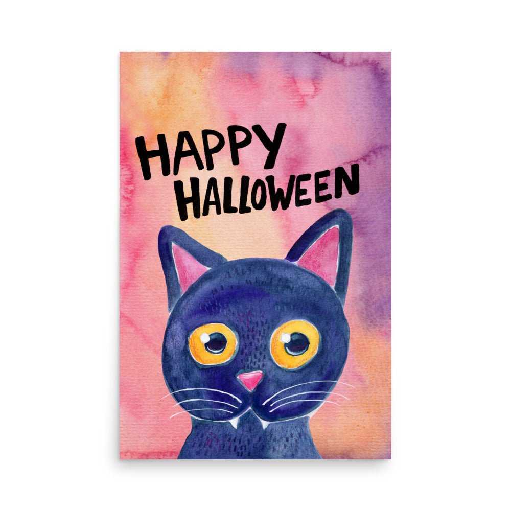 Whimsical Black Cat Poster 🐈‍⬛✨ | Cute Watercolor Illustration – Happy Halloween | Cozy Spooky Wall Art - SANDRAAS