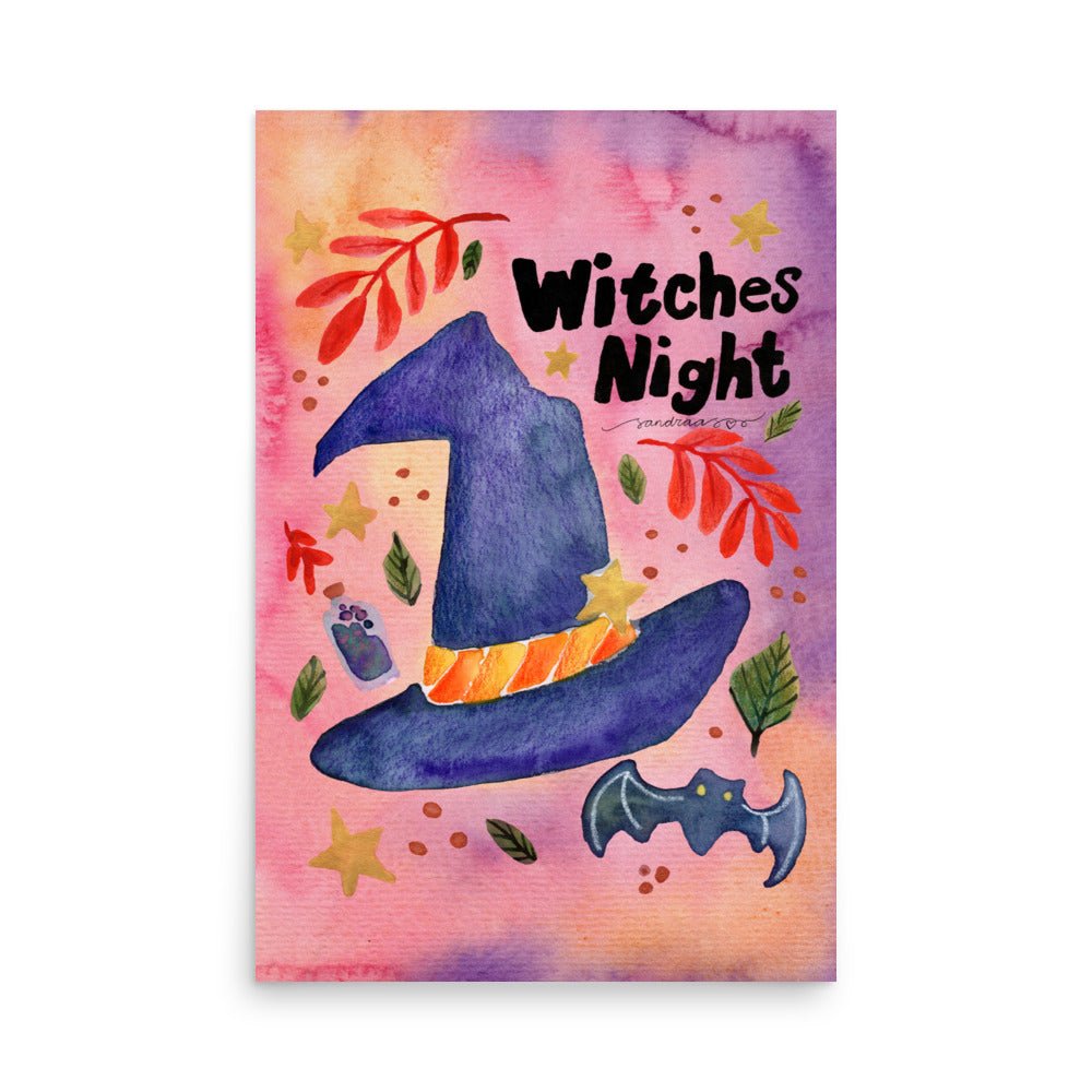 Witches Night Halloween Poster 🧙‍♀️🌙✨ | Watercolor Witch - Themed Illustration + Text – Spooky Cute Wall Art - SANDRAAS