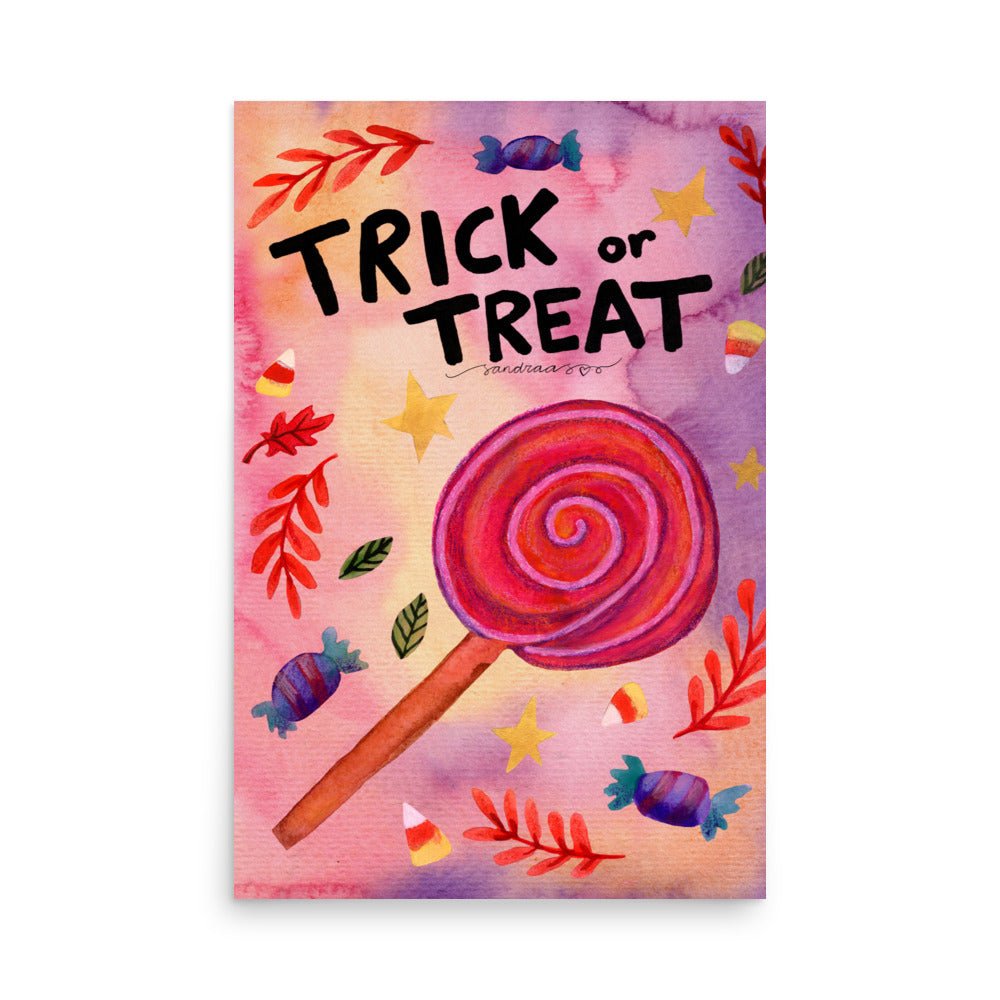 Trick or Treat Halloween Poster 🎃🍬👻 | Watercolor Illustration + Hand Lettered Text – Spooky Cute Wall Art - SANDRAAS