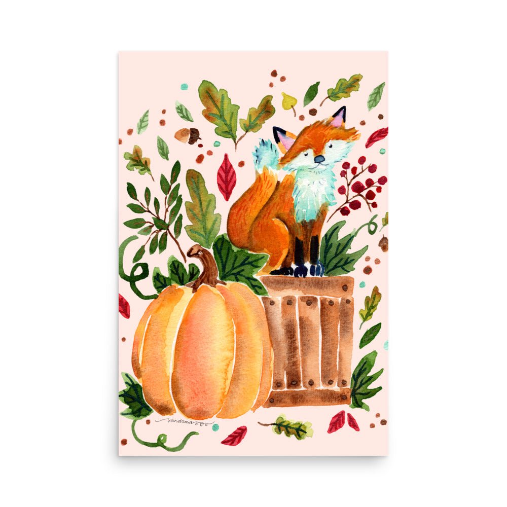 Cozy Autumn Fox Watercolor Poster • Pumpkin & Fall Leaves Wall Art • Woodland Animal Illustration Print - SANDRAAS