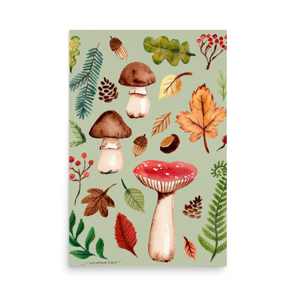 Autumn Mushrooms & Leaves Watercolor Poster • Cozy Fall Nature Wall Art • Botanical Woodland Illustration Print - SANDRAAS