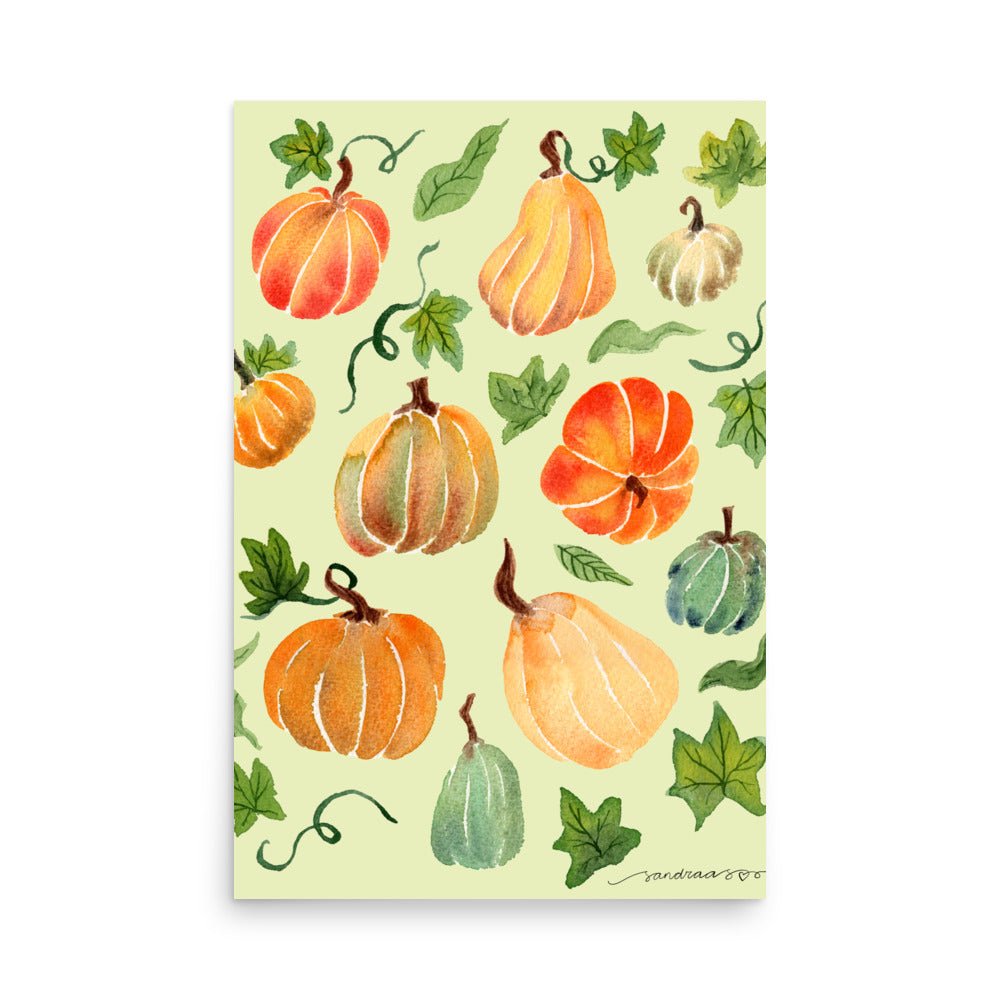 Watercolor Pumpkin Poster • Cozy Autumn Fall Wall Art • Orange Pumpkins on Light Green Background Illustration Print - SANDRAAS