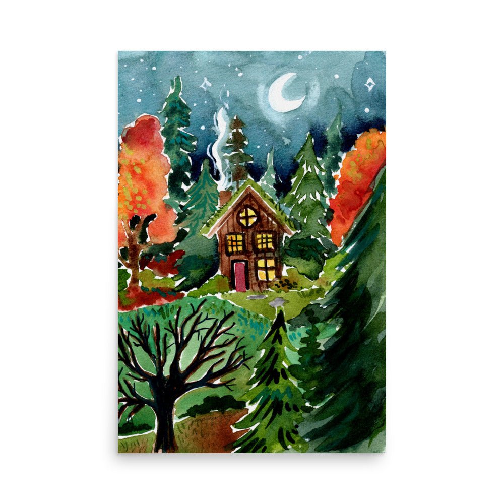 Cozy Autumn Night Forest Poster • Watercolor Cabin in the Woods Wall Art • Moonlit Nature Scene Illustration Print - SANDRAAS