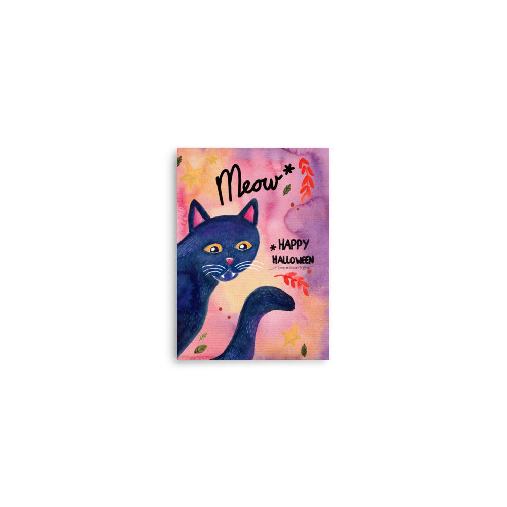 Whimsical Black Cat Halloween Poster 🎃🐾 | Watercolor Illustration + Hand Lettered ‘Meow, Happy Halloween’ - SANDRAAS
