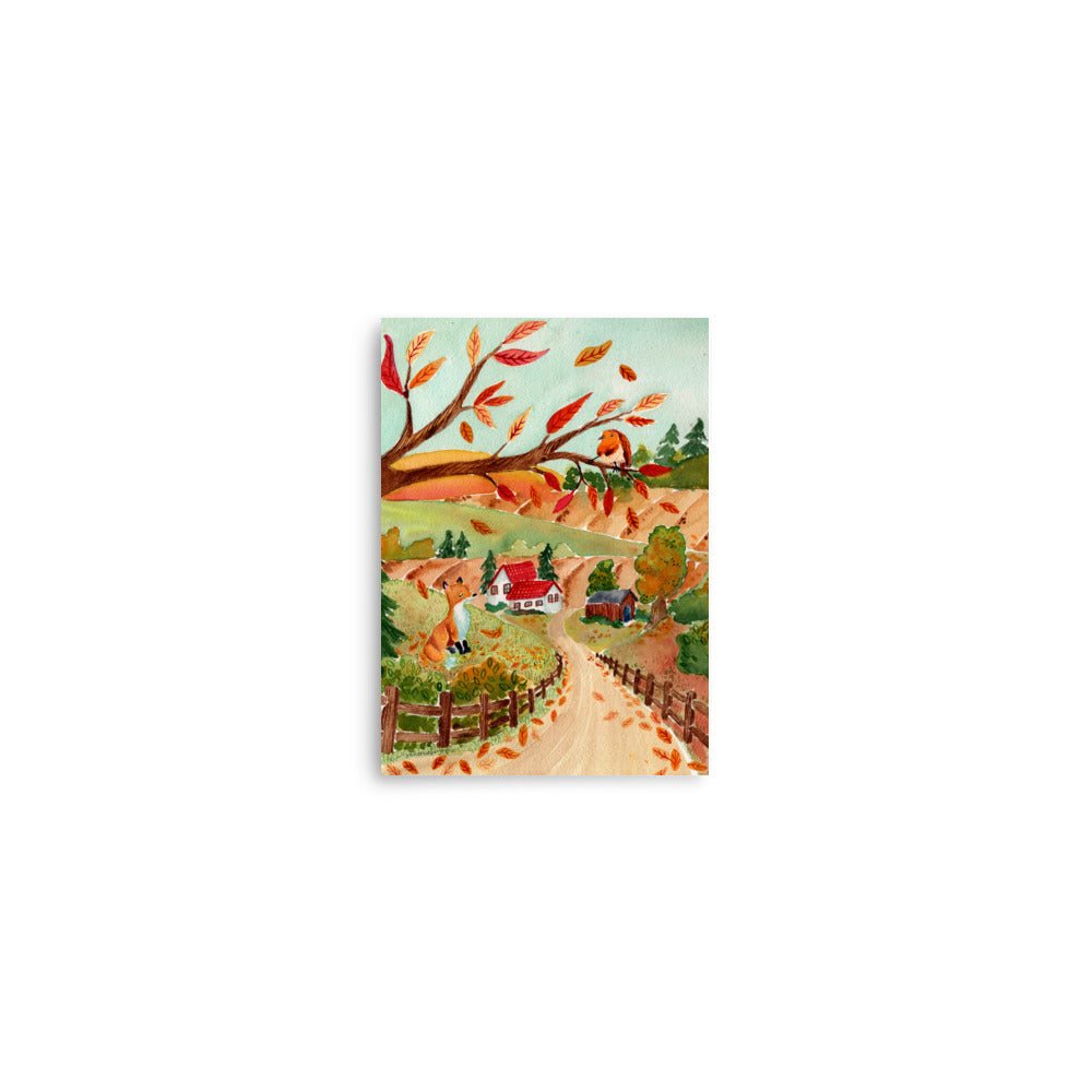 Cozy Autumn Landscape Watercolor Poster • Fox, Barn & Falling Leaves Fall Wall Art • Rustic Countryside Illustration Print - SANDRAAS