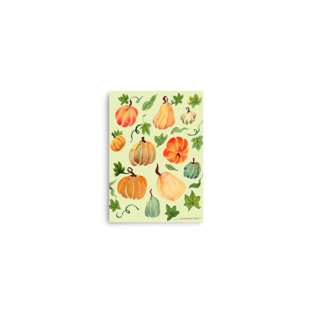 Watercolor Pumpkin Poster • Cozy Autumn Fall Wall Art • Orange Pumpkins on Light Green Background Illustration Print - SANDRAAS