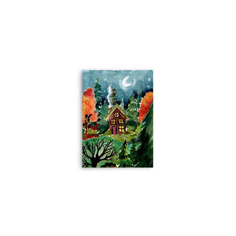 Cozy Autumn Night Forest Poster • Watercolor Cabin in the Woods Wall Art • Moonlit Nature Scene Illustration Print - SANDRAAS
