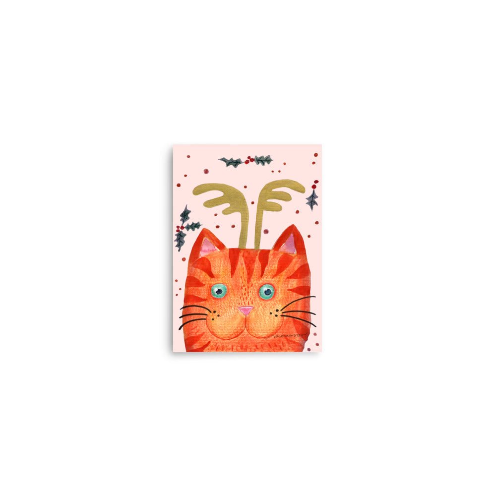 🎄 Orange Christmas Cat Poster – Whimsical Watercolor Cat with Antlers & Holly 😺✨ Light Pink Background | Museum - Quality Matte Print - SANDRAAS