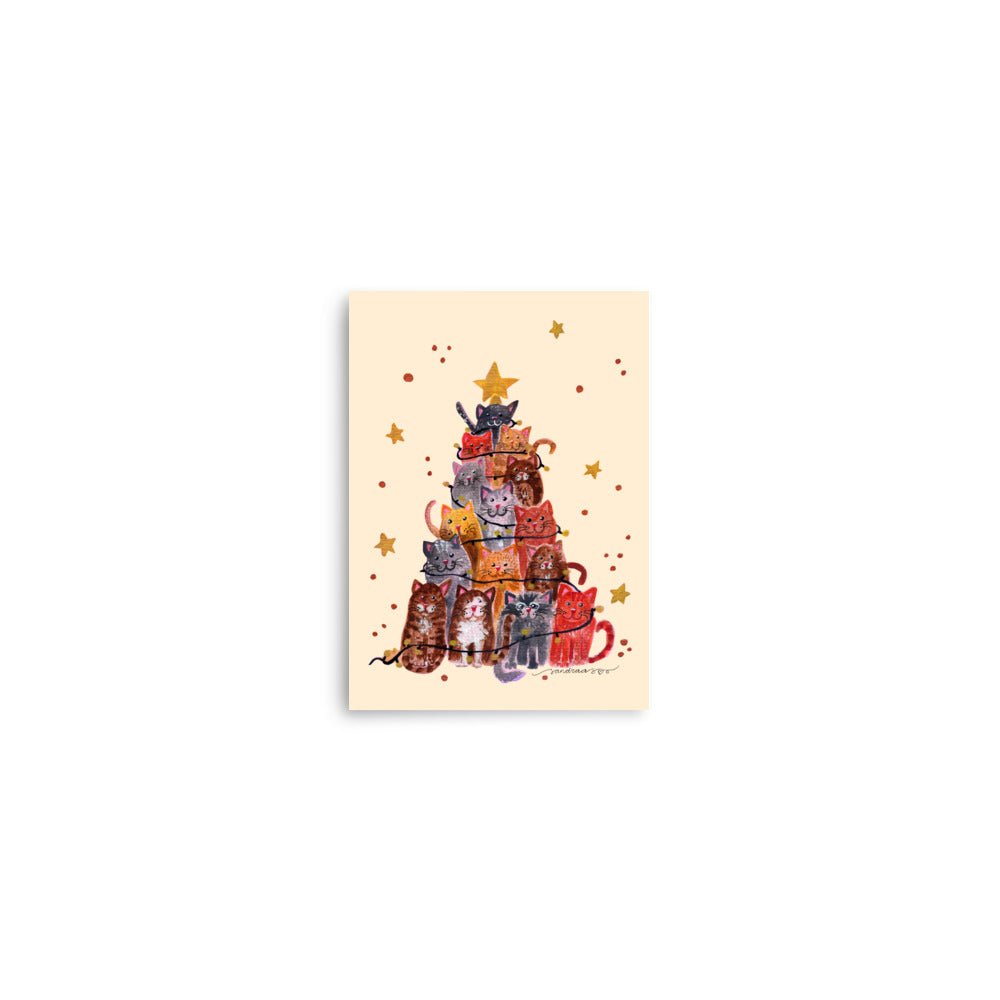 🎄 Whimsical Cat Christmas Tree Poster – Watercolor Cats Stacked as a Tree with Festive Lights 😺✨ Cream Background | Museum - Quality Matte Print - SANDRAAS