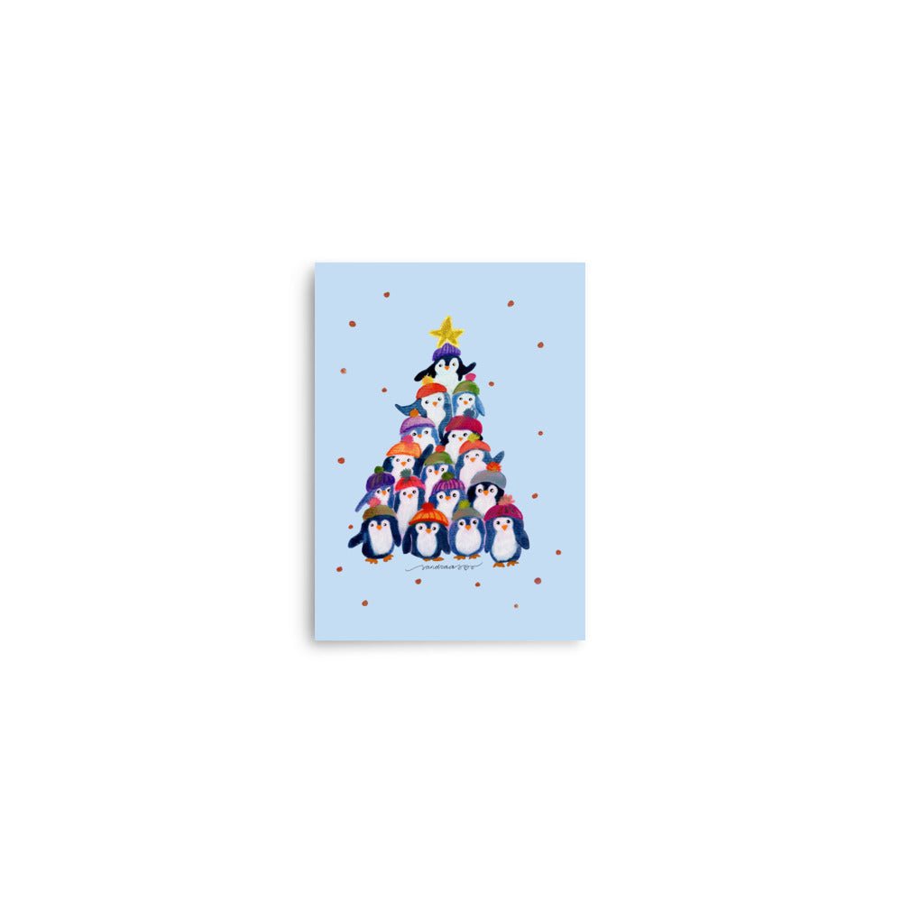 🎄 Penguin Christmas Tree Poster – Whimsical Watercolor Penguins in Hats & Scarves 🐧✨ Light Blue Background | Museum - Quality Matte Print - SANDRAAS