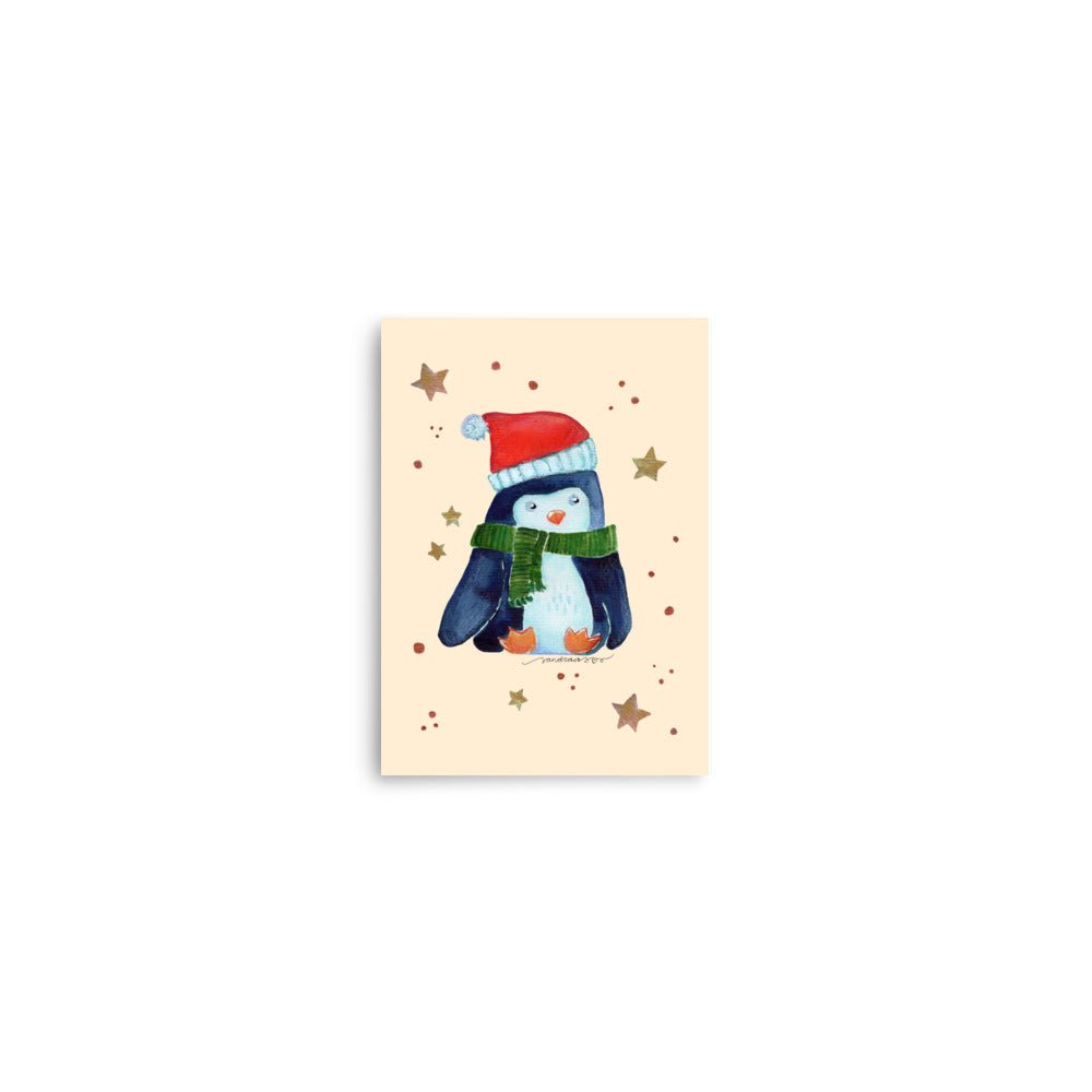 🎄 Whimsical Christmas Penguin Poster – Watercolor Penguin in Green Scarf & Santa Hat 🐧✨ Cream Background | Museum - Quality Matte Print - SANDRAAS