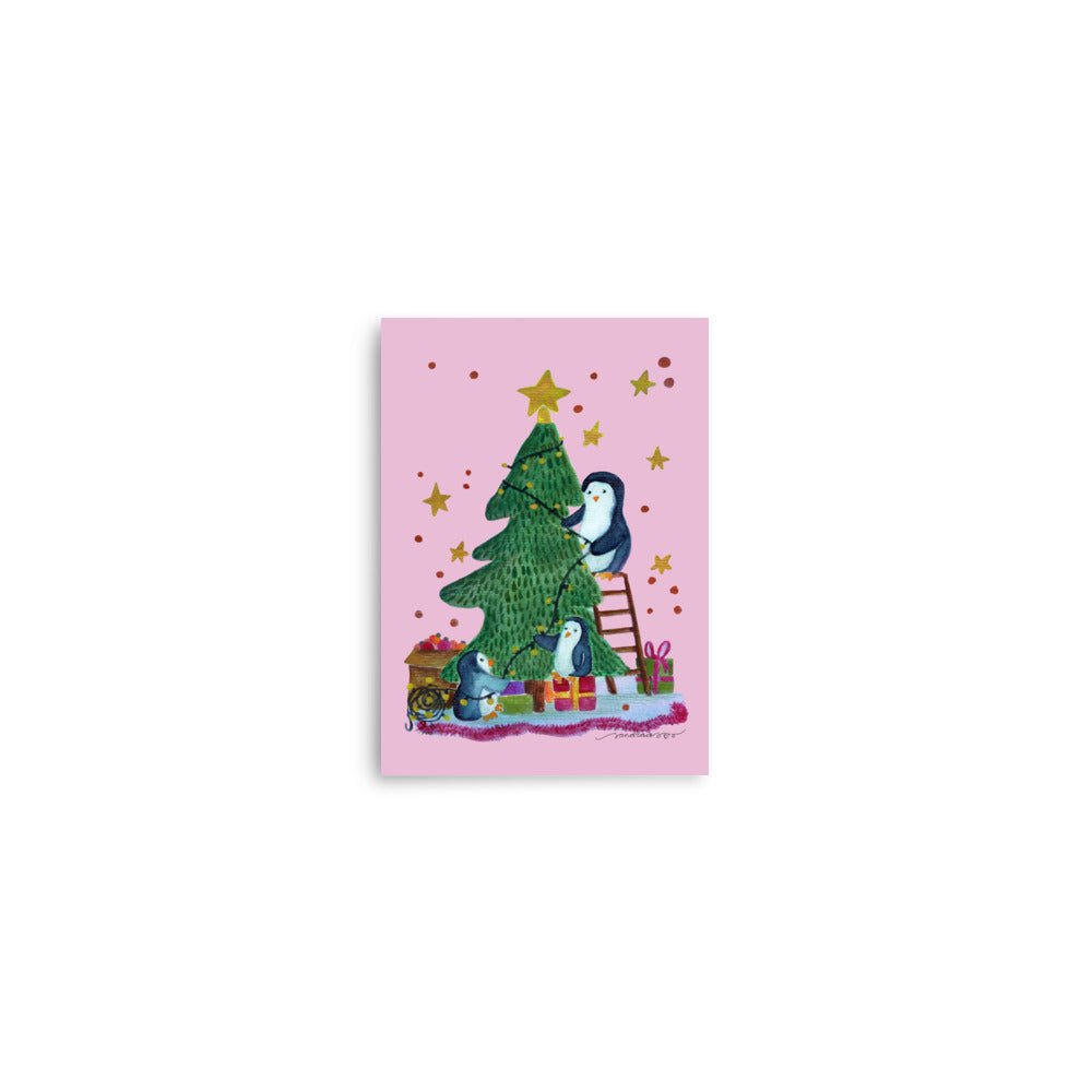🎄 Whimsical Penguin Christmas Tree Poster – Watercolor Penguins Decorating a Tree 🐧🎄✨ Pink–Purple Background | Museum - Quality Matte Print - SANDRAAS